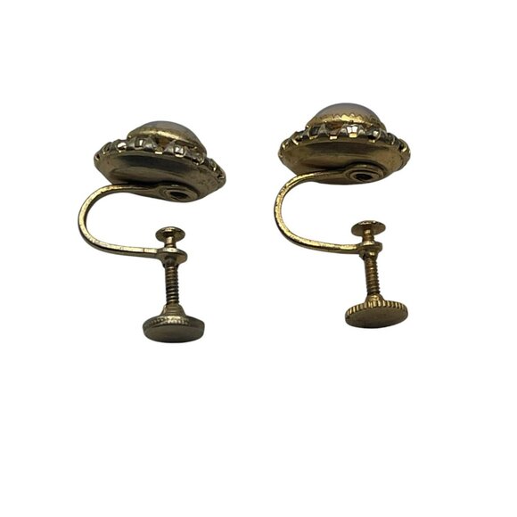 Vintage Faux Opal and Clear Rhinestone Dainty Screw Back Earrings - Picture 6 of 11